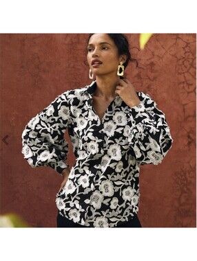 CHICO'S NWOT 3D Floral Embroidered Billow Poplin Shirt Black|White-SZ 2.5|US 14